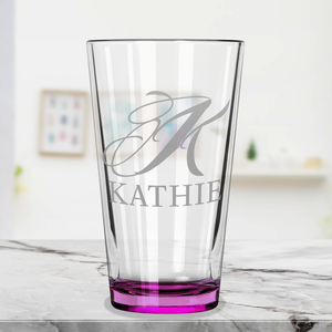 Personalized Script Initial and Name Pink Bottom Beer Pint Glass