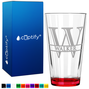 Personalized Split Script Initial and Name Red Bottom Beer Pint Glass