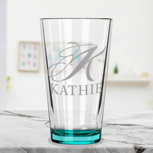 Personalized Script Initial and Name Teal Bottom Beer Pint Glass