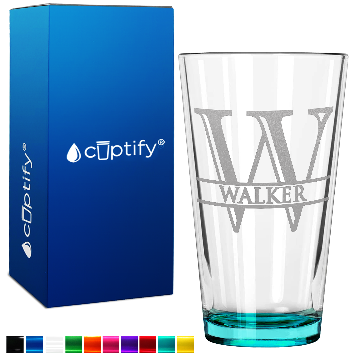 Personalized Split Script Initial and Name Teal Bottom Beer Pint Glass