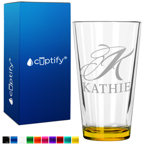 Personalized Script Initial and Name Yellow Bottom Beer Pint Glass