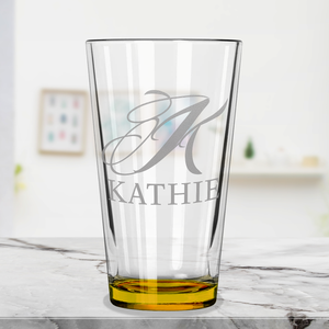 Personalized Script Initial and Name Yellow Bottom Beer Pint Glass