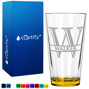 Personalized Split Script Initial and Name Yellow Bottom Beer Pint Glass