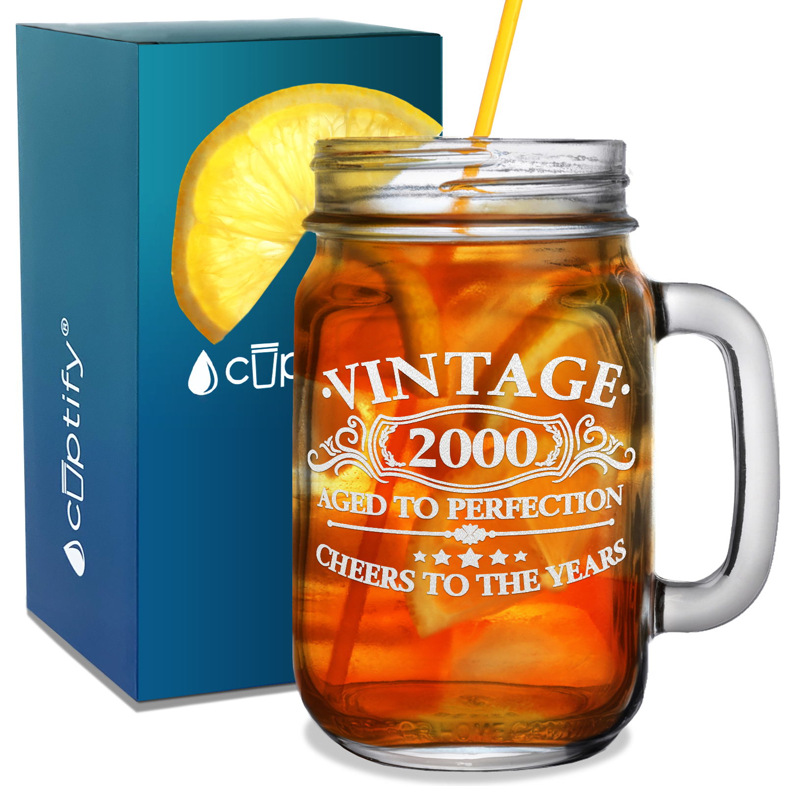 Vintage Aged To Perfection Cheers To 21 Years 2000 Laser Engraved on 16oz Mason Jar