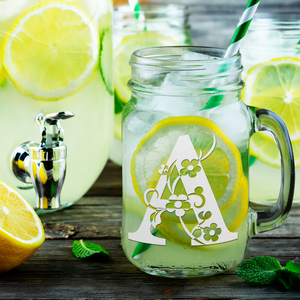  Monogram Floral Initial Letter A Etched on 16 oz Mason Jar Glass