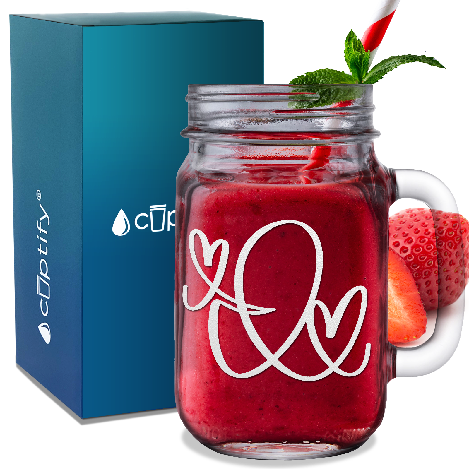  Monogram Hearts Initial Letter I Etched on 16 oz Mason Jar Glass