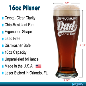 World's Greatest Dad Etched on 16 oz Glass Pilsner