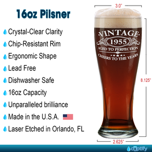 67th Birthday Gift Vintage Aged To Perfection Cheers To 67 Years 1955 Etched on 16oz Glass Pilsner