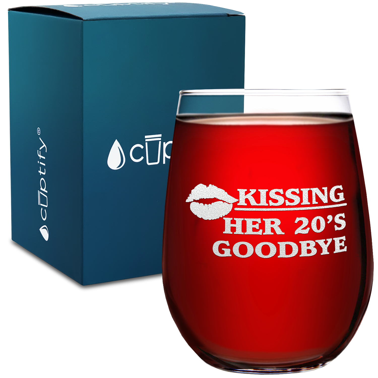 Kissing Her 20's Goodbye on 17oz Stemless Wine Glass