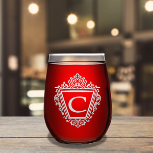 Personalized Classic Crest Etched 17oz Stemless Wine Glass