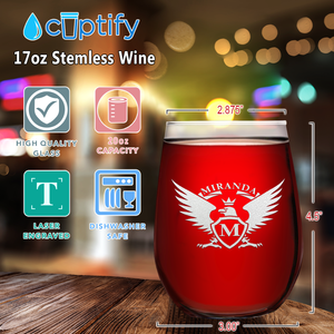 Personalized Eagle Etched 17oz Stemless Wine Glass