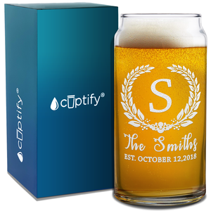 Personalized Crest Monogram Initial and Surname Anniversary Date Etched 20 oz Glass Can