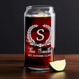 Personalized Crest Monogram Initial and Surname Anniversary Date Etched 20 oz Glass Can