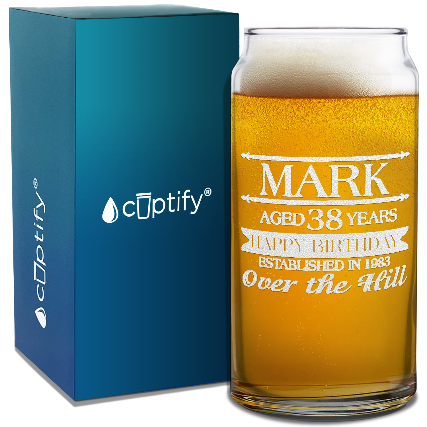 Personalized Name Year and Age Classic Happy Birthday Over The Hill Etched 20 oz Glass Can