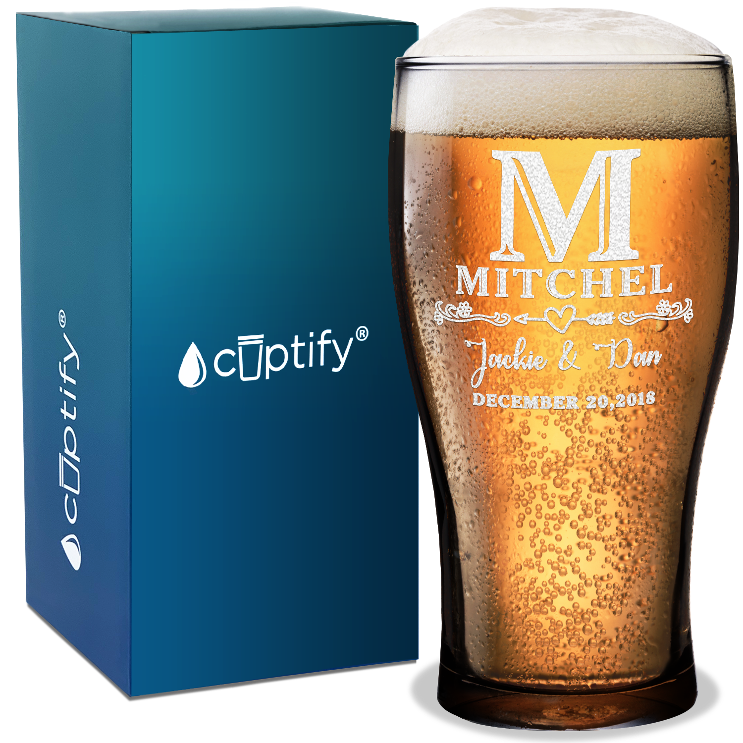 Personalized Monogram Initial and Name with Anniversary Date Etched 20 oz Beer Pub Glass