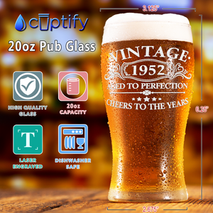 70th Birthday Vintage Aged to Perfection 70 Years Old Cheers to The Years 1952 Etched 20oz Pub Glass