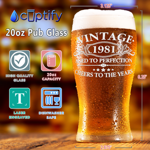 41st Birthday Vintage Aged to Perfection 41 Years Old Cheers to The Years 1981 Etched 20oz Pub Glass