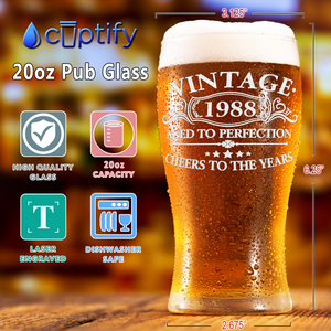 34th Birthday Vintage Aged to Perfection 34 Years Old Cheers to The Years 1988 Etched 20oz Pub Glass