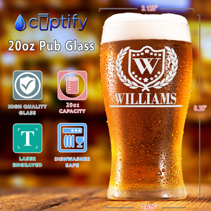 Personalized Monogram Initial and Name with Laurels Etched 20 oz Beer Pub Glass