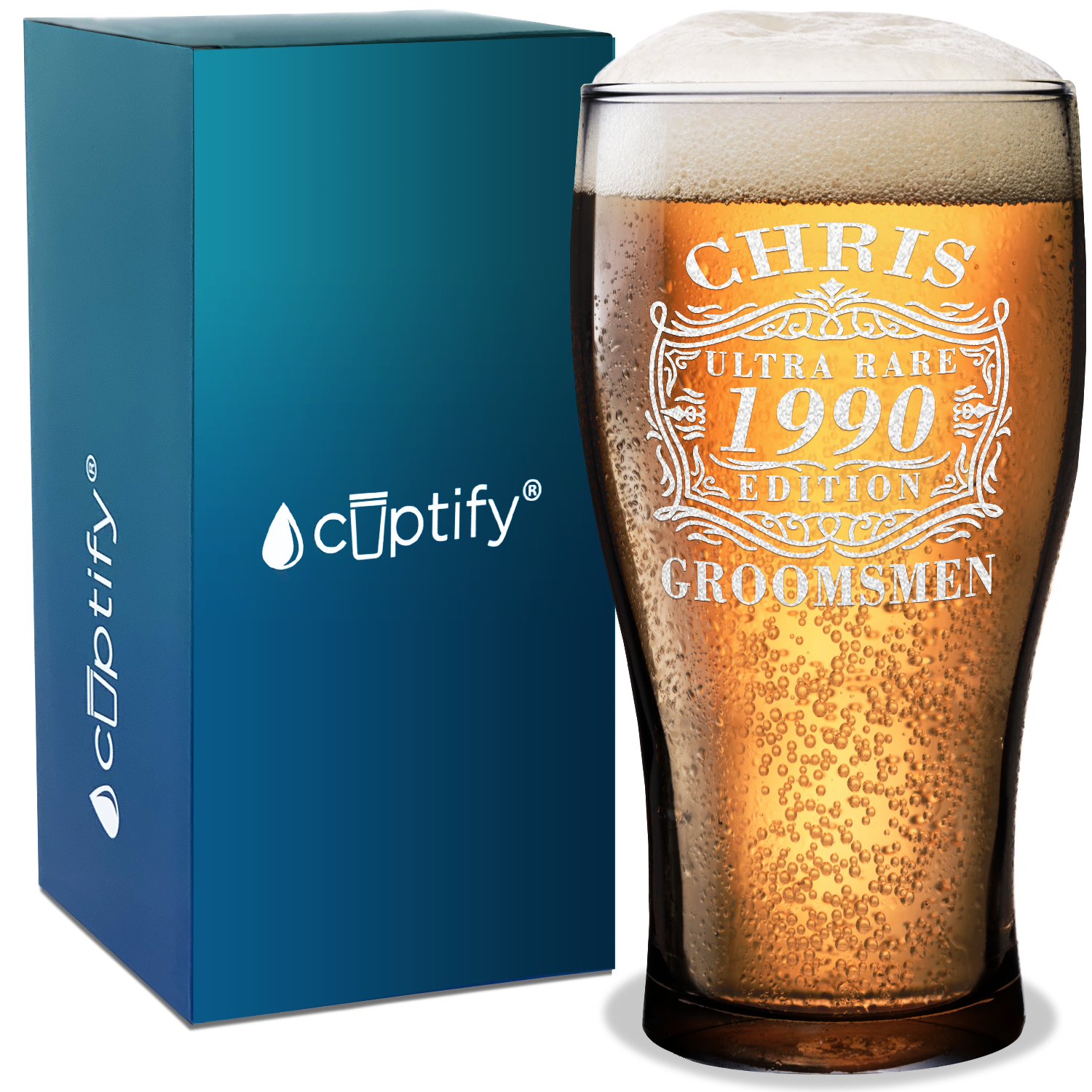 Personalized Ultra Rare Edition Groomsmen Etched 20 oz Beer Pub Glass