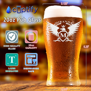 Personalized Monogram Eagle Crest 20oz Beer Pub Glass