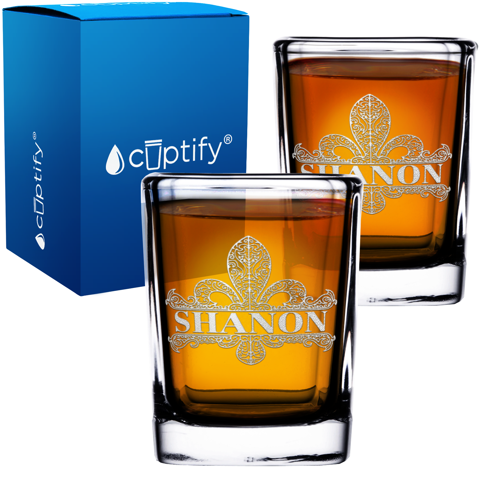 Personalized Fleur de Lis Etched 2oz Square Shot Glasses - Set of 2