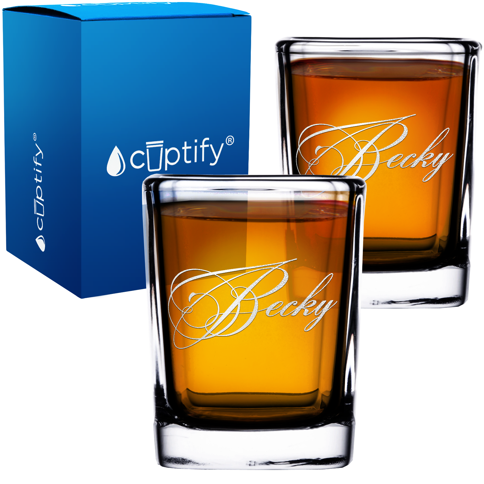 Personalized Decorative Script Etched 2oz Square Shot Glasses - Set of 2