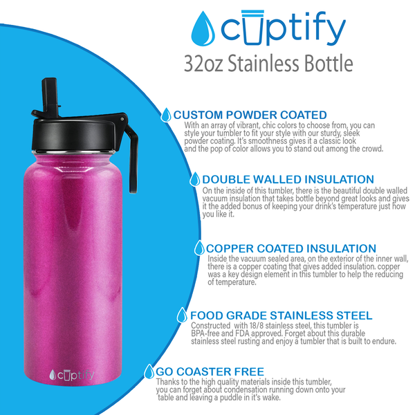 Amazing Items Personalized Water Bottle W Straw & Lid, 32 oz - Navy Blue Custom Stainless Steel Sports Water Bottle W N