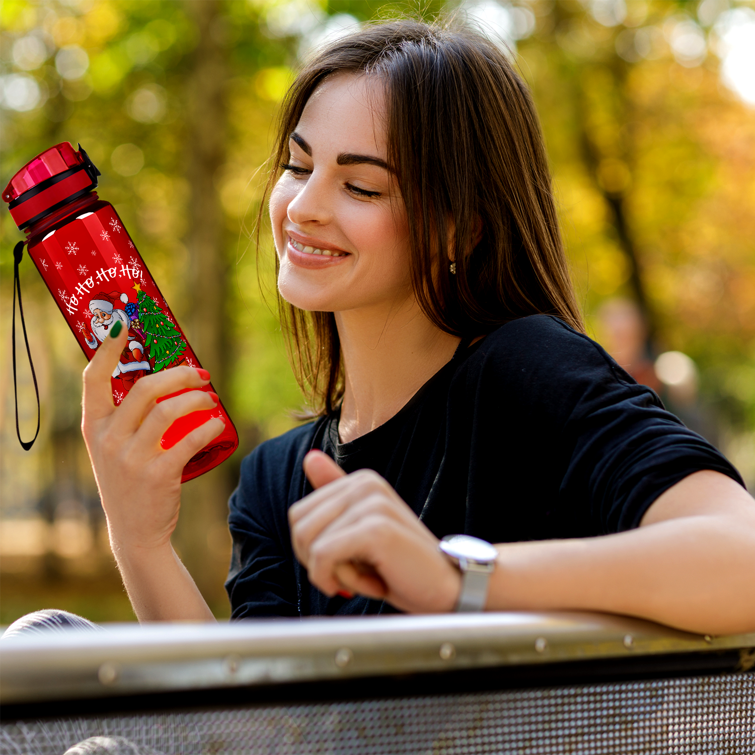 Ho, Ho, Ho, Ho, Santa Claus on Red Christmas Water Bottle