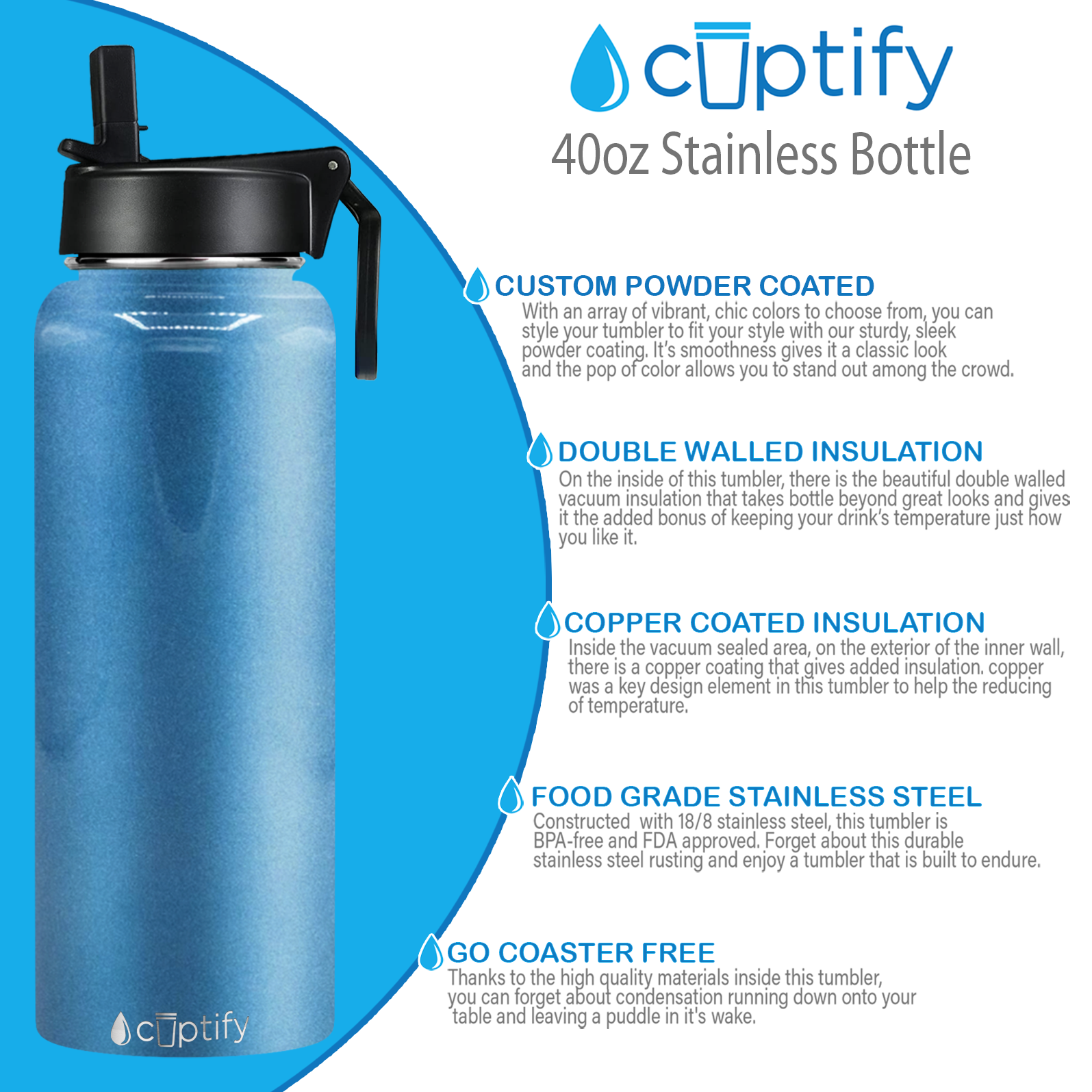 Baby Blue Glitter 12oz Wide Mouth Water Bottle - Cuptify