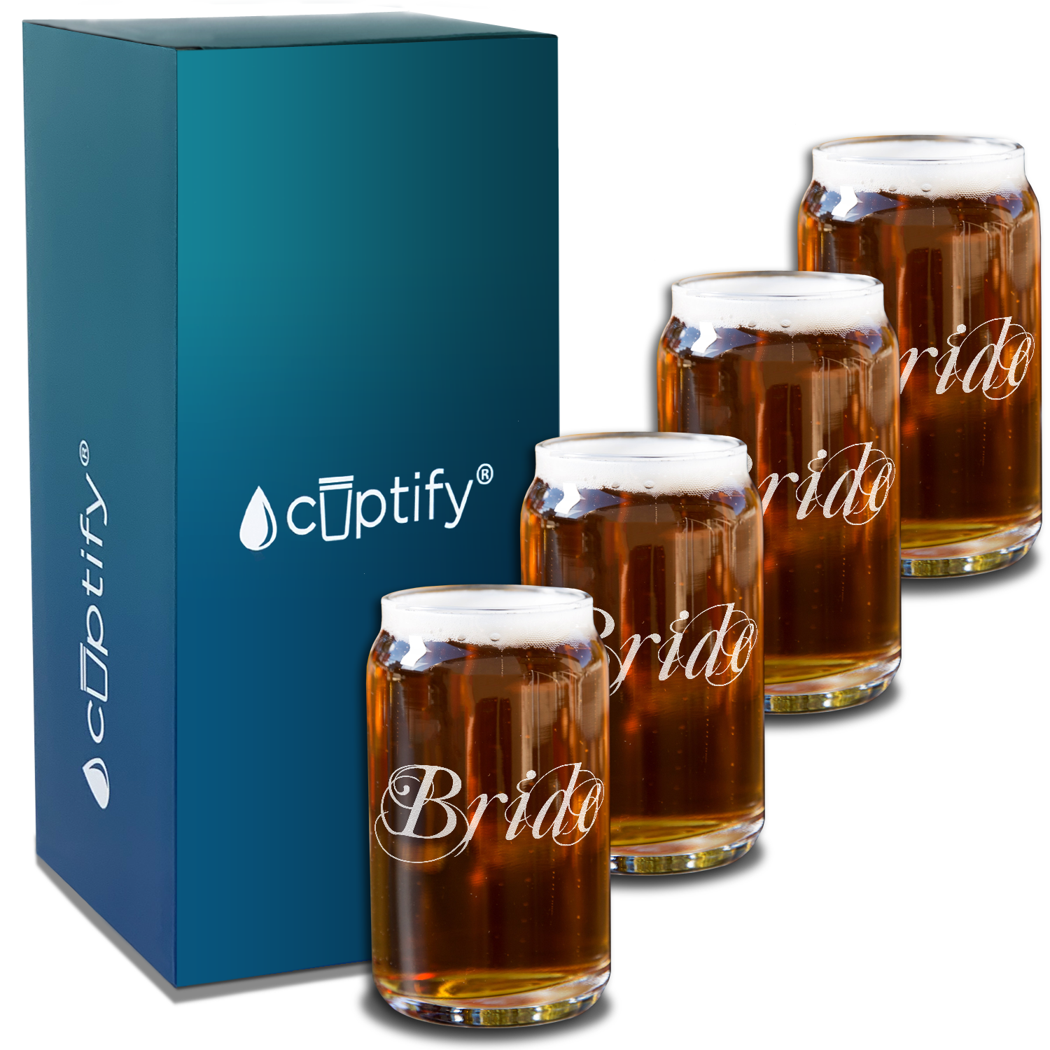  Bride Elegant Etched on 5 oz Beer Glass Can - Set of Four