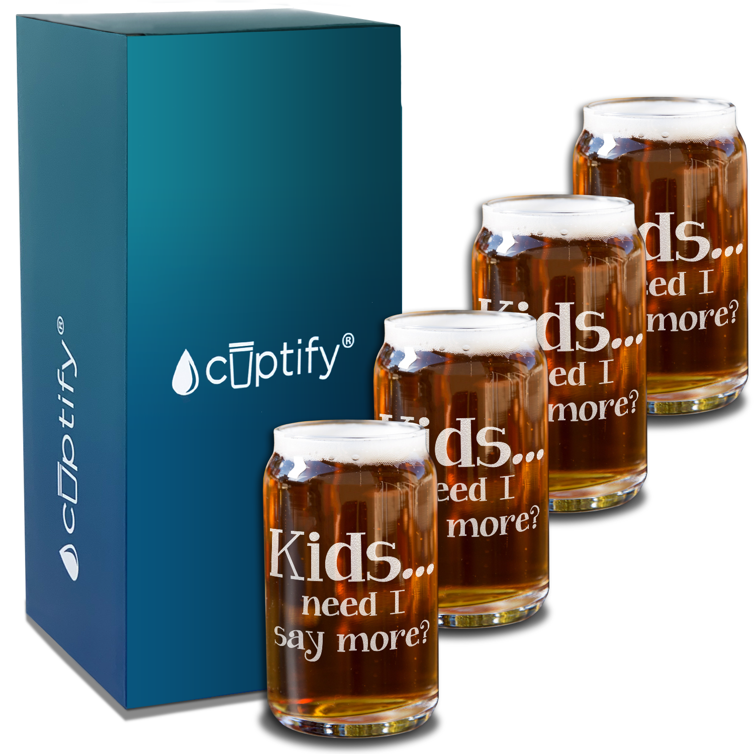  Kids... Need I Say More? Etched on 5 oz Beer Glass Can - Set of Four