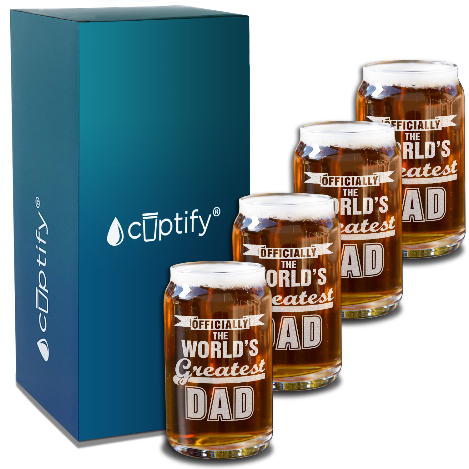  Officially World's Greatest Dad Etched on 5 oz Beer Glass Can - Set of Four