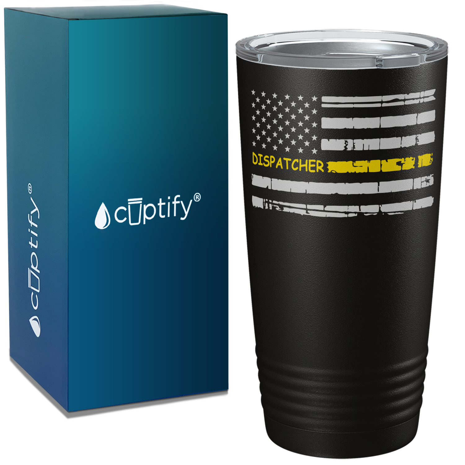 Distressed Thin Gold Line Flag Dispatcher White 20oz Black Tumbler