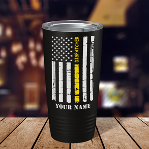 Personalized Distressed Dispatcher Thin Gold Line Flag 20oz Black Tumbler