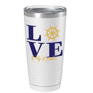 Navy Love on White 20 oz Stainless Steel Tumbler